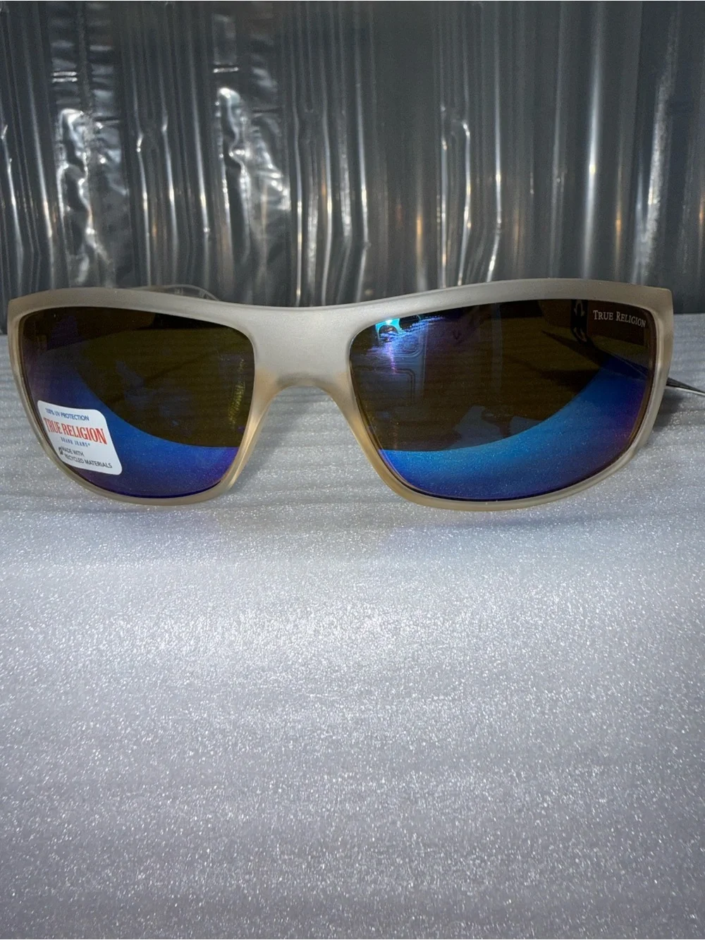 True Religion Men’s Sport Wrap Sunglasses Clear-Off White Blue Mirror-NWT